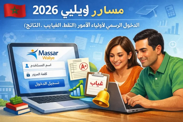 واجهة تسجيل الدخول Massar Waliye 2026 للآباء لمتابعة النقط والغيابات والنتائج
